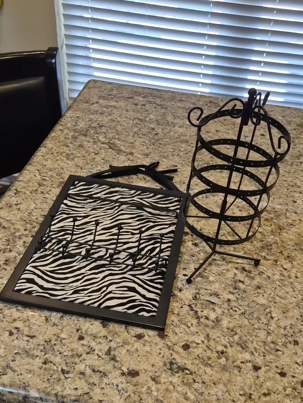 Zebra Print Wall Jewelry Organizer and Black Metal Earring Stand - Pair
